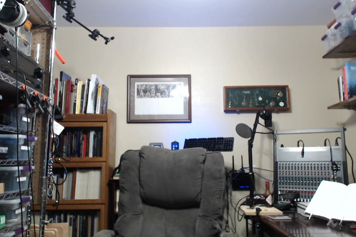 A webcam shot of an empty chair in an office with a bookshelf background.